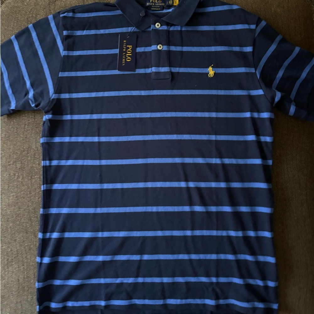 Polo Ralph Lauren Striped Classic Fit Polo Shirt - Navy w/ Light Blue - Size: L